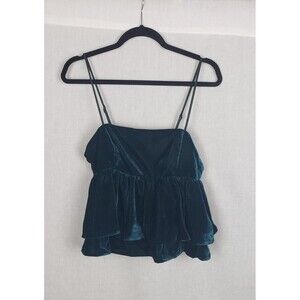 Urban Outfitters Velvet Dark Green Tiered Peplum Babydoll Cami Top M Holiday NWT